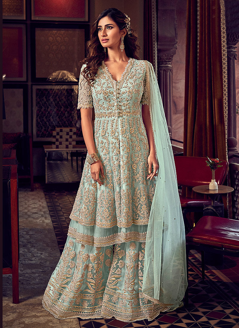 Mint Green Net Embroidery Sharara Style ...